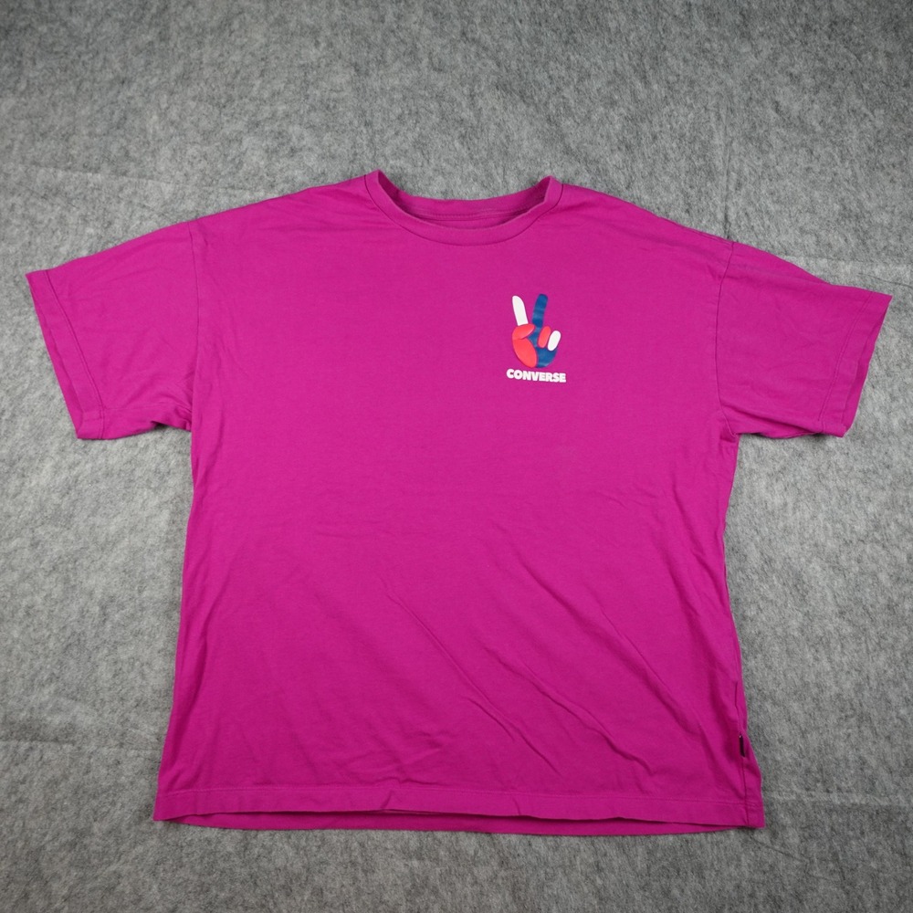Converse Top Women Large Magenta Peace Sign Short Sleeve Crew‎ Neck Cotton Logo